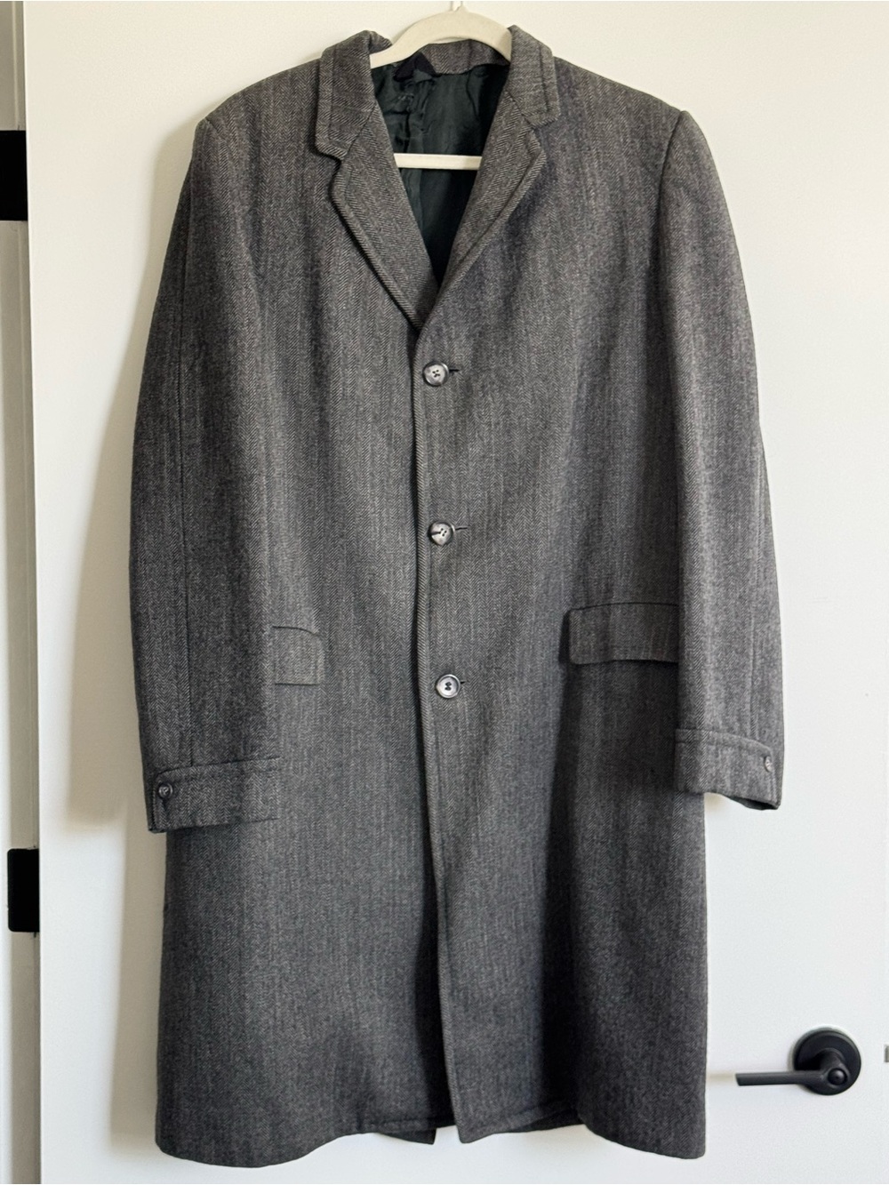 Men's Charcoal Grey Herringbone Tweed Wool Overcoat